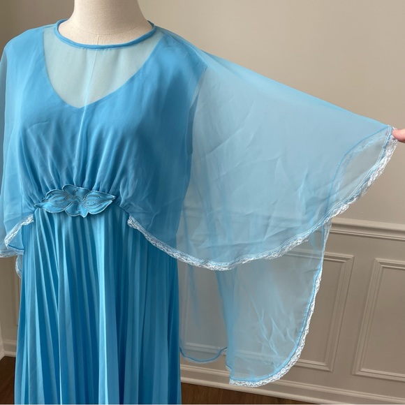 Vintage 70s Formal Gown Bridesmaid Prom Dress Turquoise Capulet Pleats Drama 14 - Picture 4 of 9